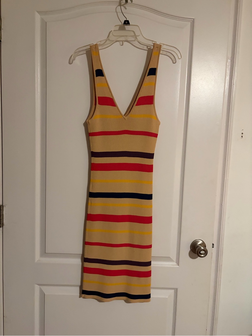Guess Striped V-Neck Midi Dress in Beige, Red, Yellow, Navy